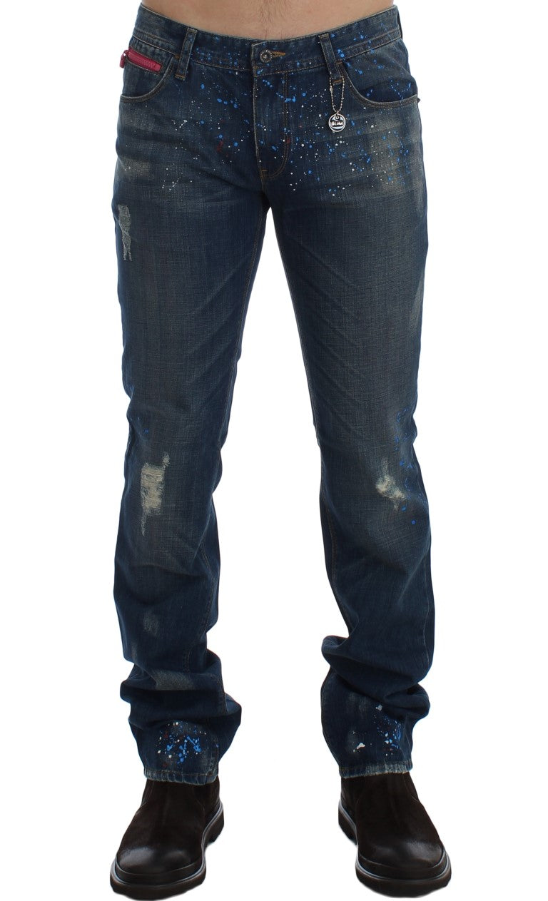 Blue Wash Paint Slim Fit Pants Jeans-Costume National-LabelTerrace.com