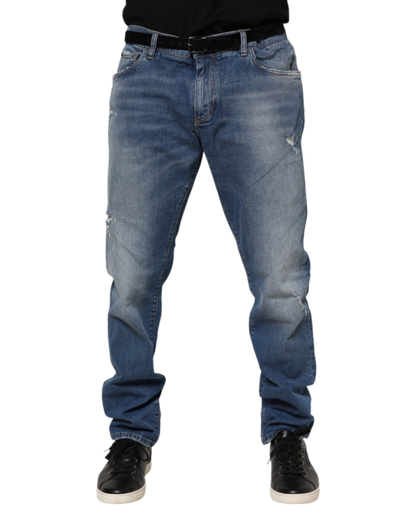 Blue Washed Cotton Logo Plaque Denim Jeans-Dolce & Gabbana-LabelTerrace.com