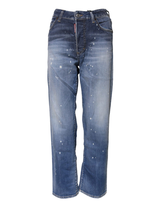 Blue Washed Cotton Mid Waist Straight Jeans-Dsquared²-LabelTerrace.com