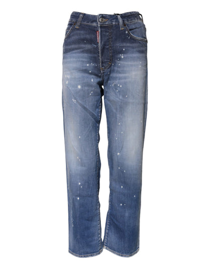Blue Washed Cotton Mid Waist Straight Jeans-Dsquared²-LabelTerrace.com
