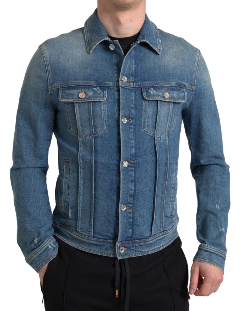 Blue Washed Cotton Stretch Denim Men Jacket-Dolce & Gabbana-LabelTerrace.com