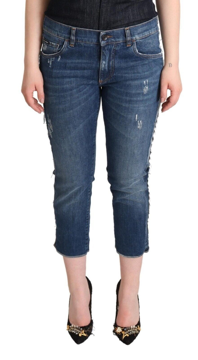 Blue Washed Mid Waist Denim Logo Cropped Jeans-Dolce & Gabbana-LabelTerrace.com