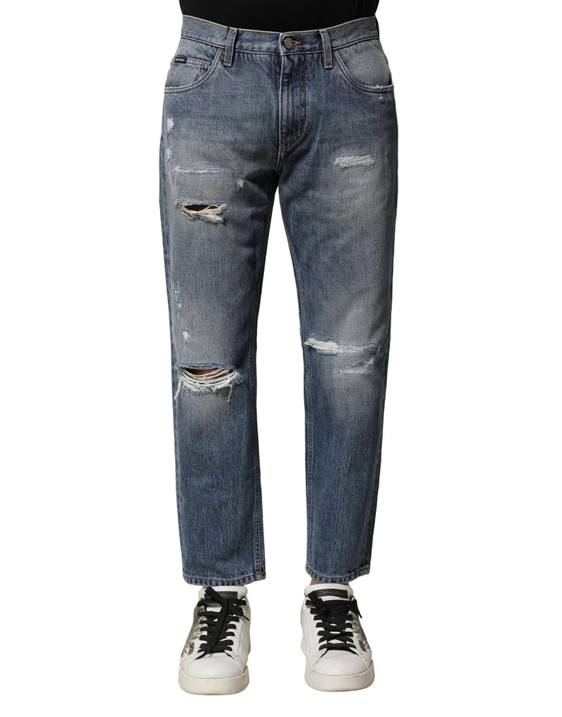 Blue Washed Tattered Straight Fit Denim Jeans-Dolce & Gabbana-LabelTerrace.com