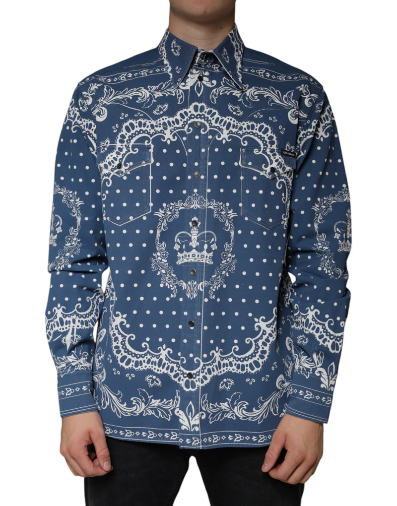 Blue White Bandana Print Cotton Casual Shirt-Dolce & Gabbana-LabelTerrace.com