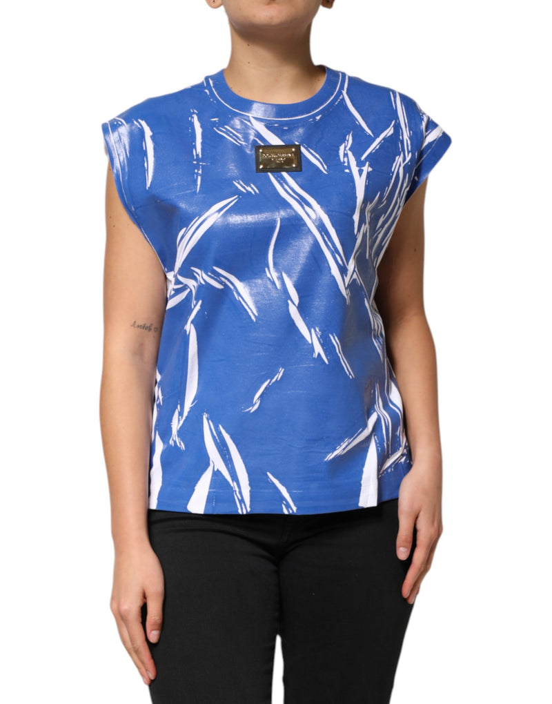 Blue White Cotton Logo Plaque Women Tank Top-Dolce & Gabbana-LabelTerrace.com