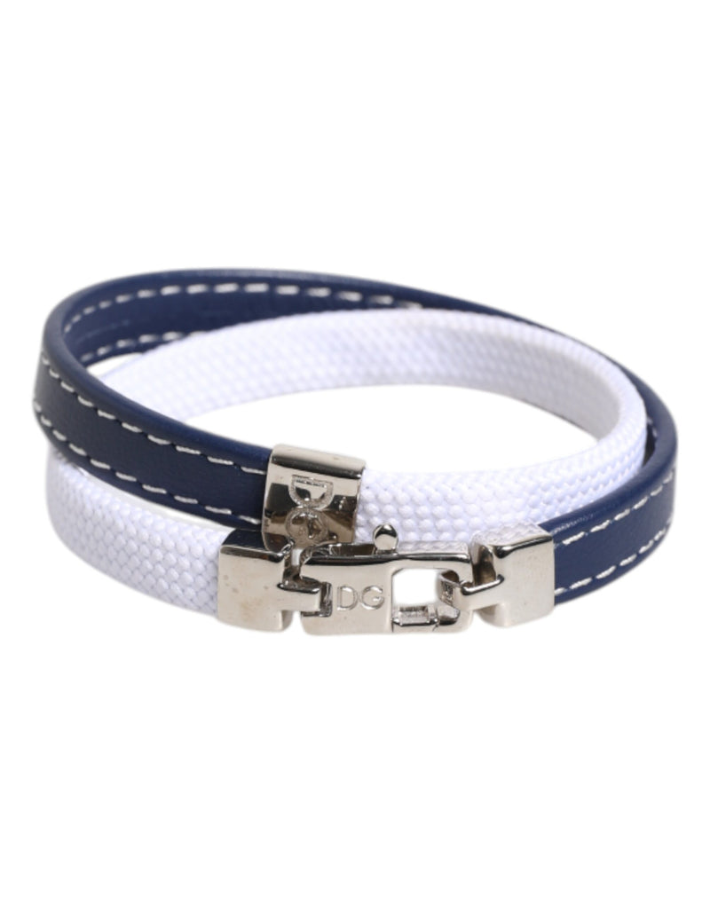 Blue White Leather Trimmed DG Engraved Silver Tone Clasp Bracelet-Dolce & Gabbana-LabelTerrace.com