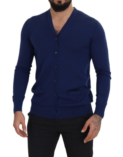 Blue Wool V-neck Button Down Cardigan Sweater