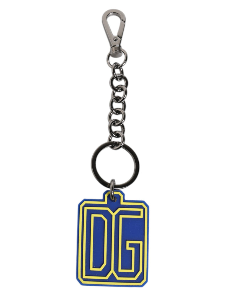 Blue Yellow DG Rubber Logo Silver Men's Keychain Keyring-Dolce & Gabbana-LabelTerrace.com