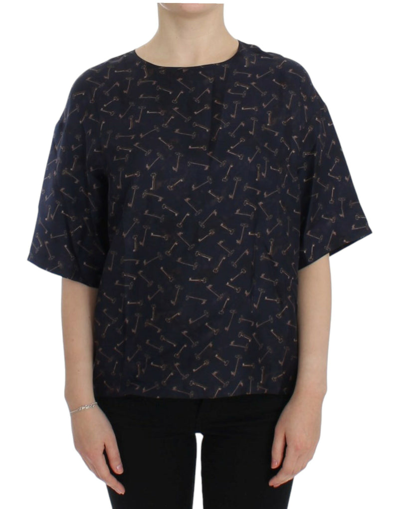 Blue gold key print silk blouse-Dolce & Gabbana-LabelTerrace.com
