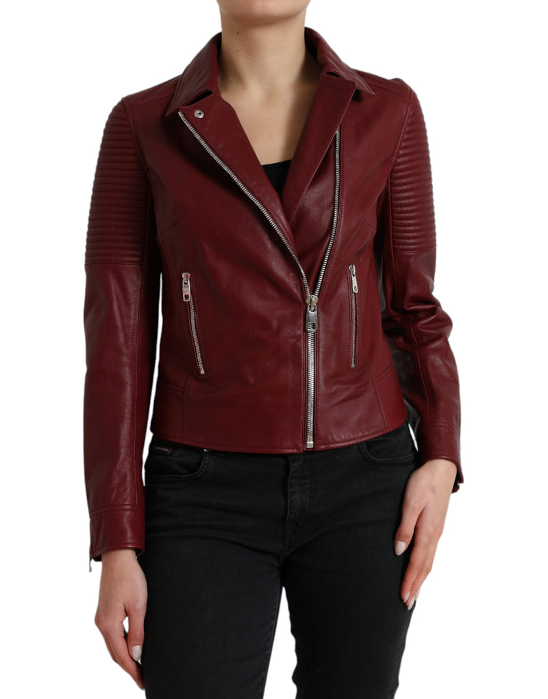 Bordeaux Leather Biker Coat Lambskin Jacket-Dolce & Gabbana-LabelTerrace.com