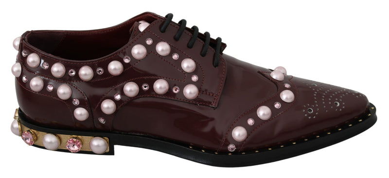 Bordeaux Leather Crystal Pearls Formal Shoes-Dolce & Gabbana-LabelTerrace.com