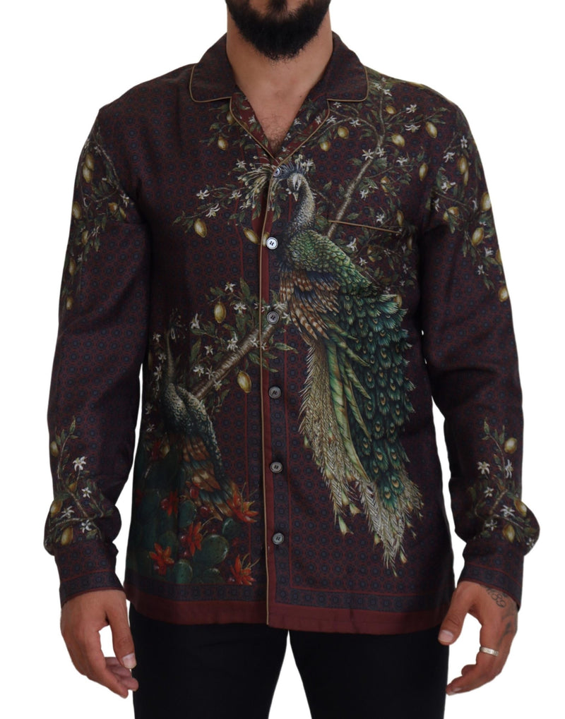 Bordeaux Ostrich Silk Satin Casual Mens Shirt-Dolce & Gabbana-LabelTerrace.com