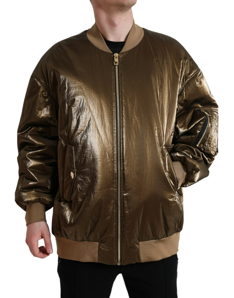 Bronze Nylon Full Zip Men Bomber Jacket-Dolce & Gabbana-LabelTerrace.com