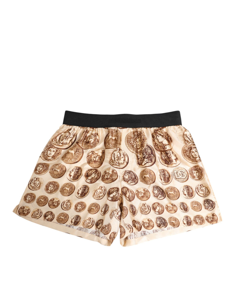 Brown Ancient Coin Print Silk Shorts Swimwear-Dolce & Gabbana-LabelTerrace.com