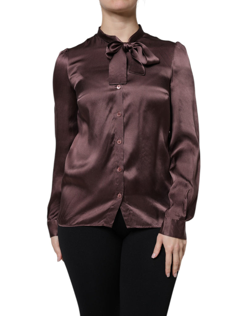 Brown Ascot Collar Long Sleeve Blouse Top-Dolce & Gabbana-LabelTerrace.com