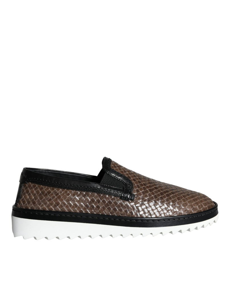 Brown Black Leather Weaved Men Loafers Shoes-Dolce & Gabbana-LabelTerrace.com