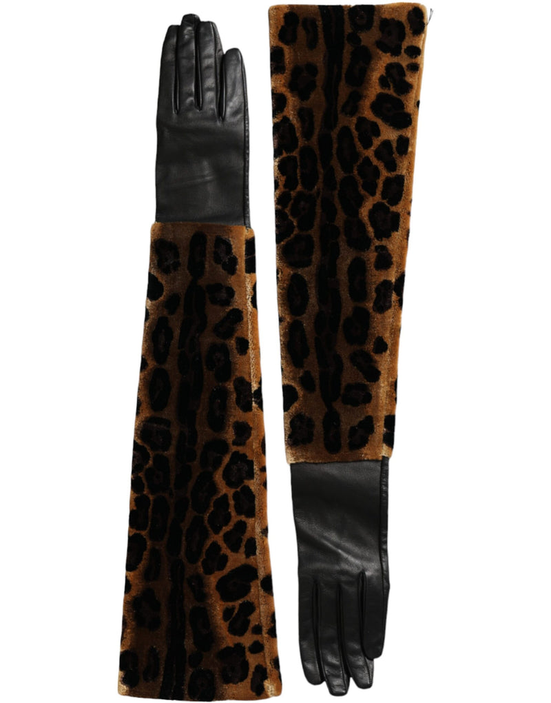 Brown Black Leopard Leather Elbow Length Gloves-Dolce & Gabbana-LabelTerrace.com