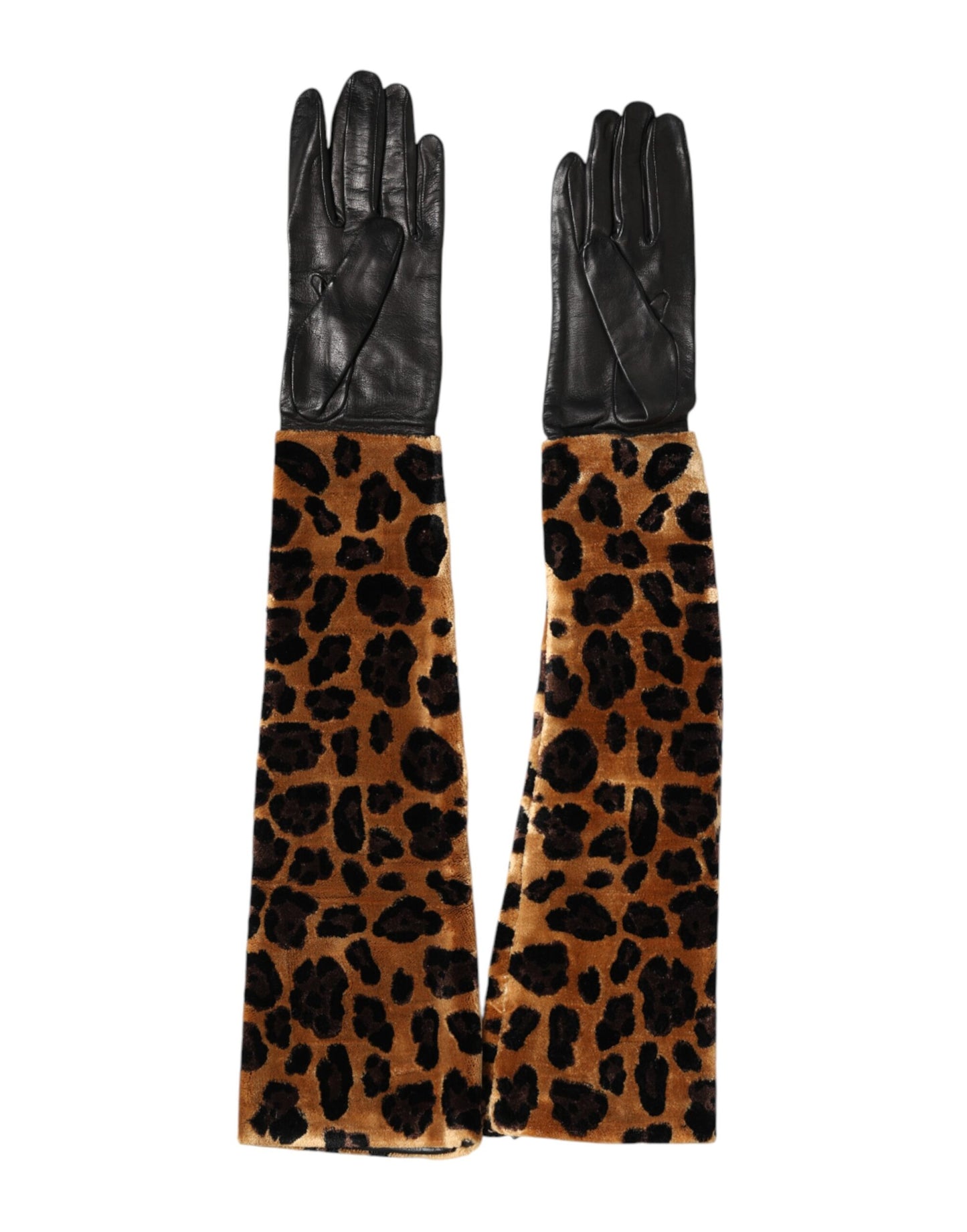 Brown Black Leopard Leather Elbow Length Mitten Gloves