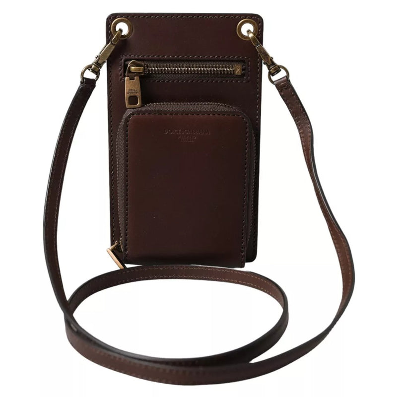 Brown Calf Leather Zip Logo Shoulder Neck Strap Wallet-Dolce & Gabbana-LabelTerrace.com