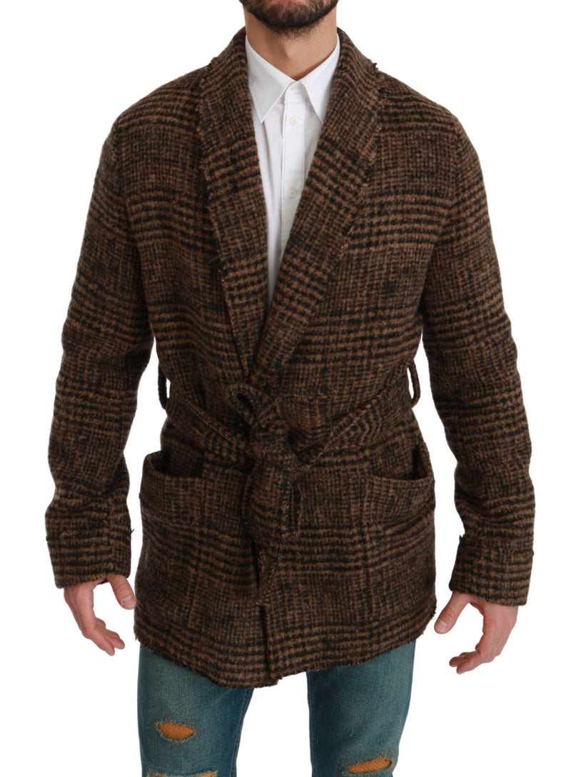 Brown Checkered Wool Robe Coat Wrap Jacket-Dolce & Gabbana-LabelTerrace.com