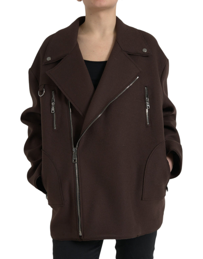 Brown Coat Short Biker Wool Jacket-Dolce & Gabbana-LabelTerrace.com