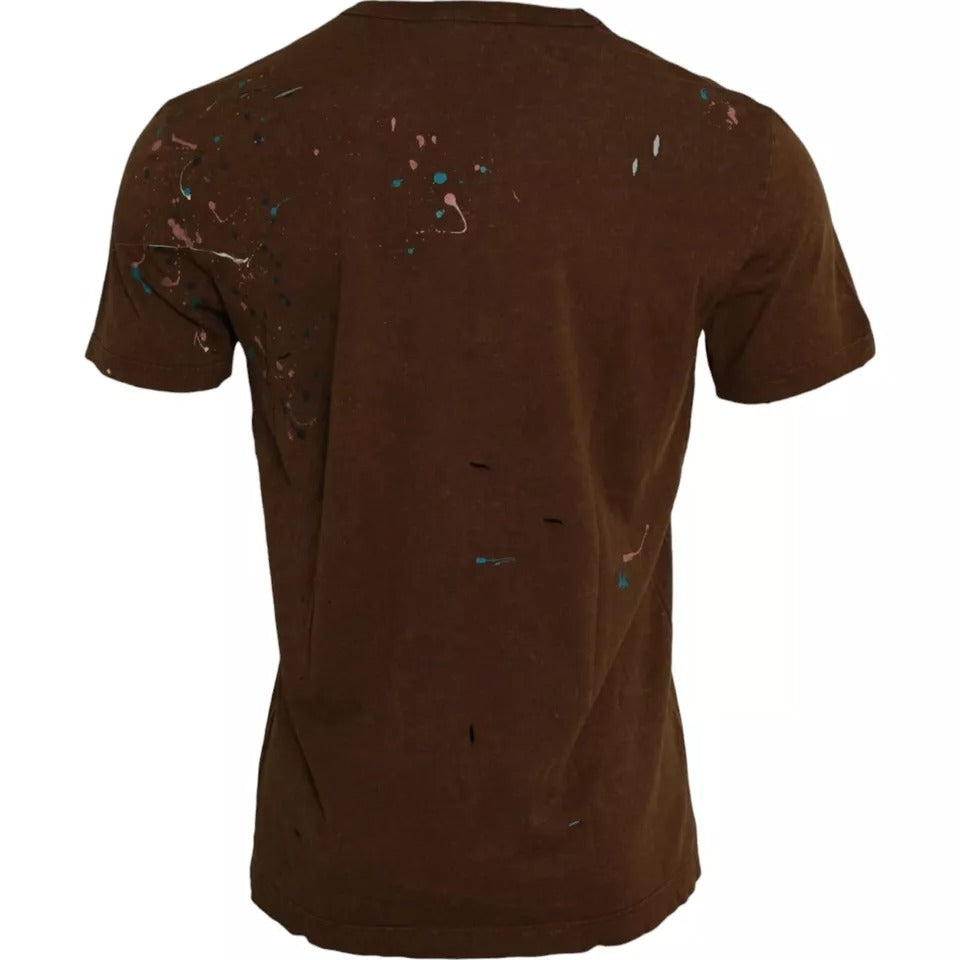 Brown Color Splash Cotton Crew Neck T-shirt-Dolce & Gabbana-LabelTerrace.com