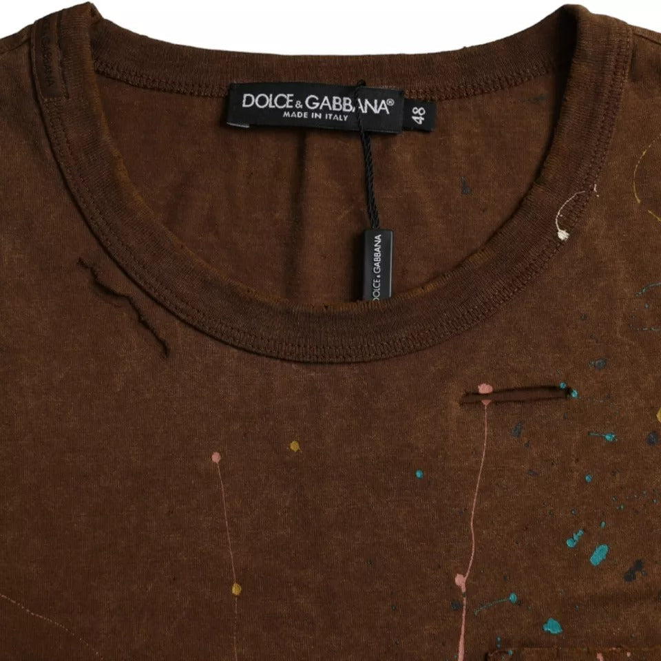 Brown Color Splash Cotton Crew Neck T-shirt-Dolce & Gabbana-LabelTerrace.com