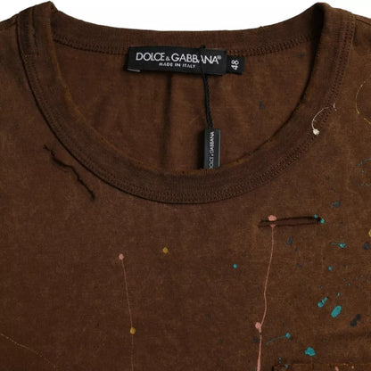 Brown Color Splash Cotton Crew Neck T-shirt-Dolce & Gabbana-LabelTerrace.com