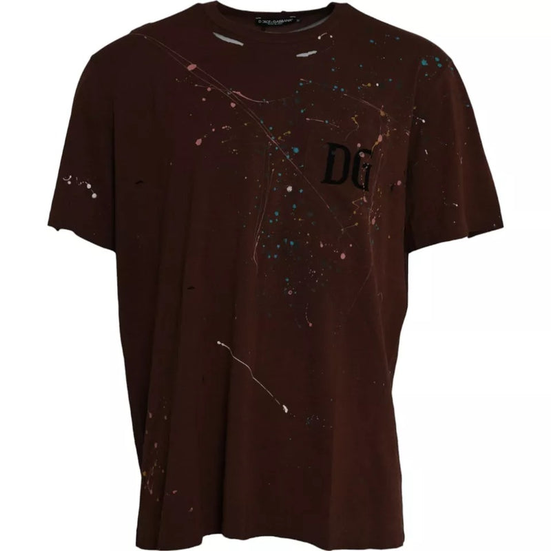 Brown Color Splash Cotton Crew Neck T-shirt-Dolce & Gabbana-LabelTerrace.com