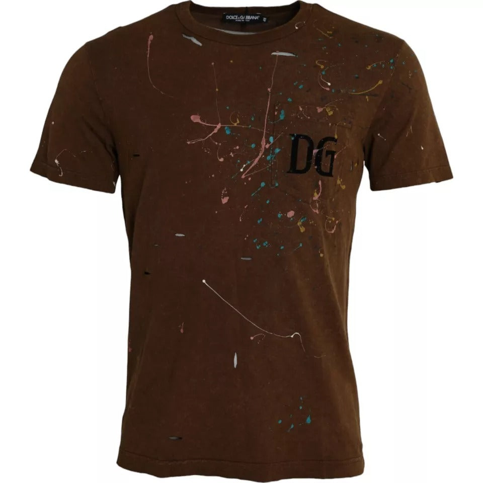 Brown Color Splash Cotton Crew Neck T-shirt-Dolce & Gabbana-LabelTerrace.com