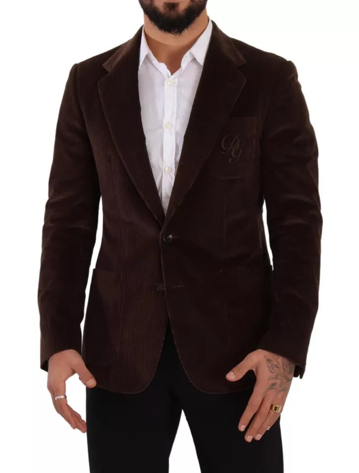 Brown Corduroy Slim Fit Coat DG Logo Blazer-Dolce & Gabbana-LabelTerrace.com