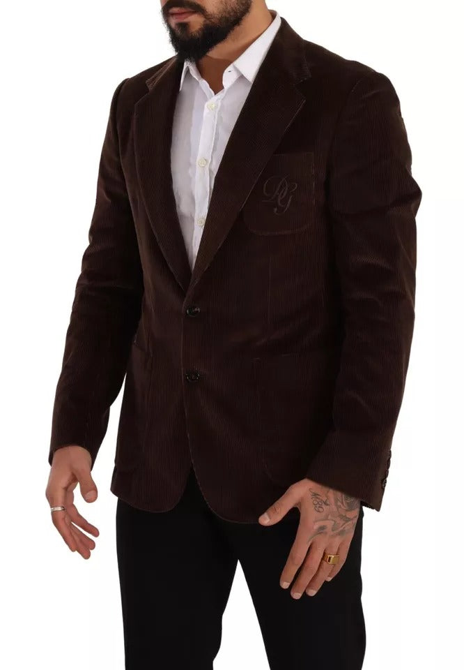 Brown Corduroy Slim Fit Coat DG Logo Blazer-Dolce & Gabbana-LabelTerrace.com