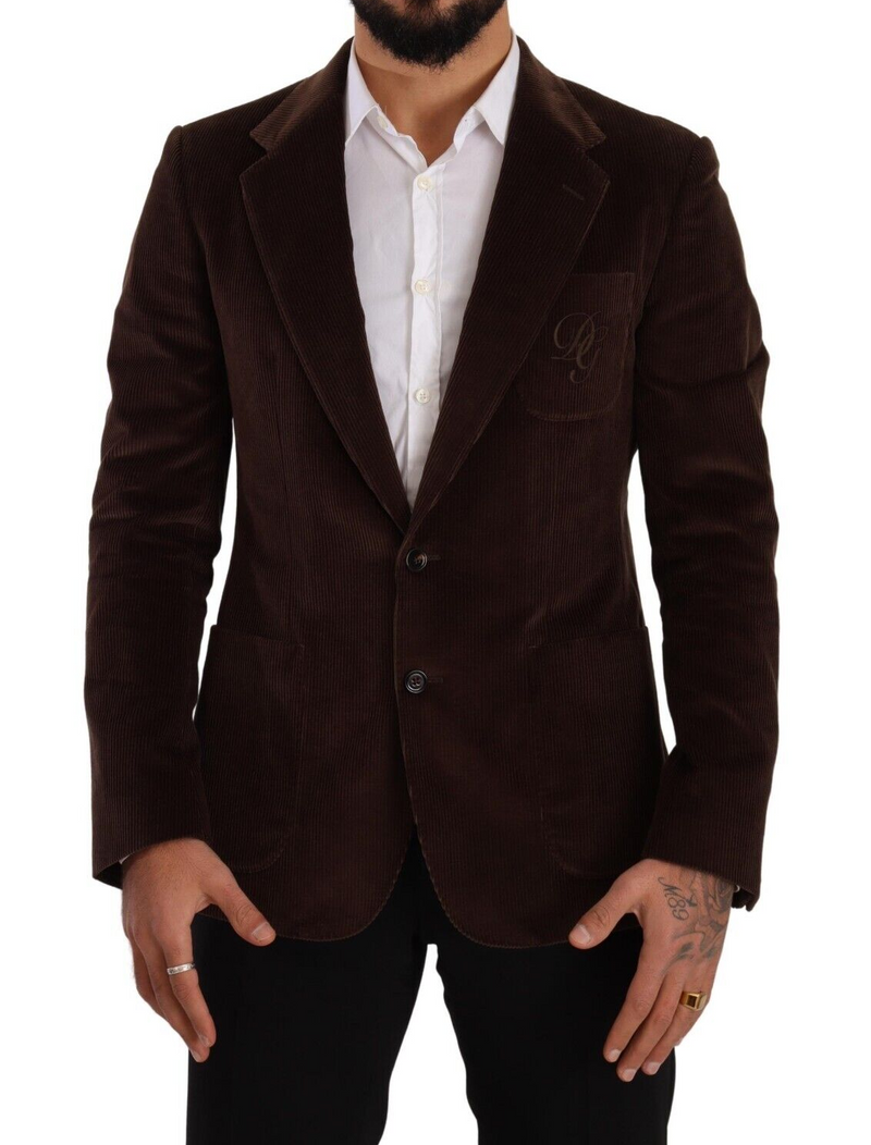 Brown Corduroy Slim Fit Coat DG Logo Blazer-Dolce & Gabbana-LabelTerrace.com
