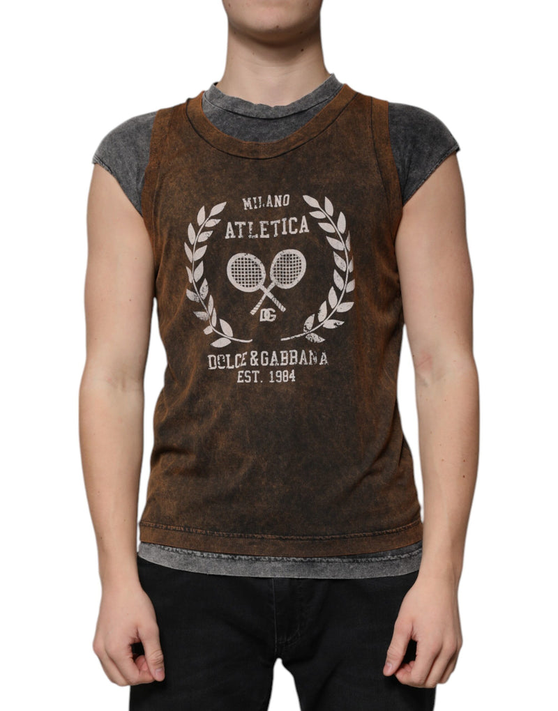 Brown Cotton Crew Neck Sleeveless T-shirt-Dolce & Gabbana-LabelTerrace.com