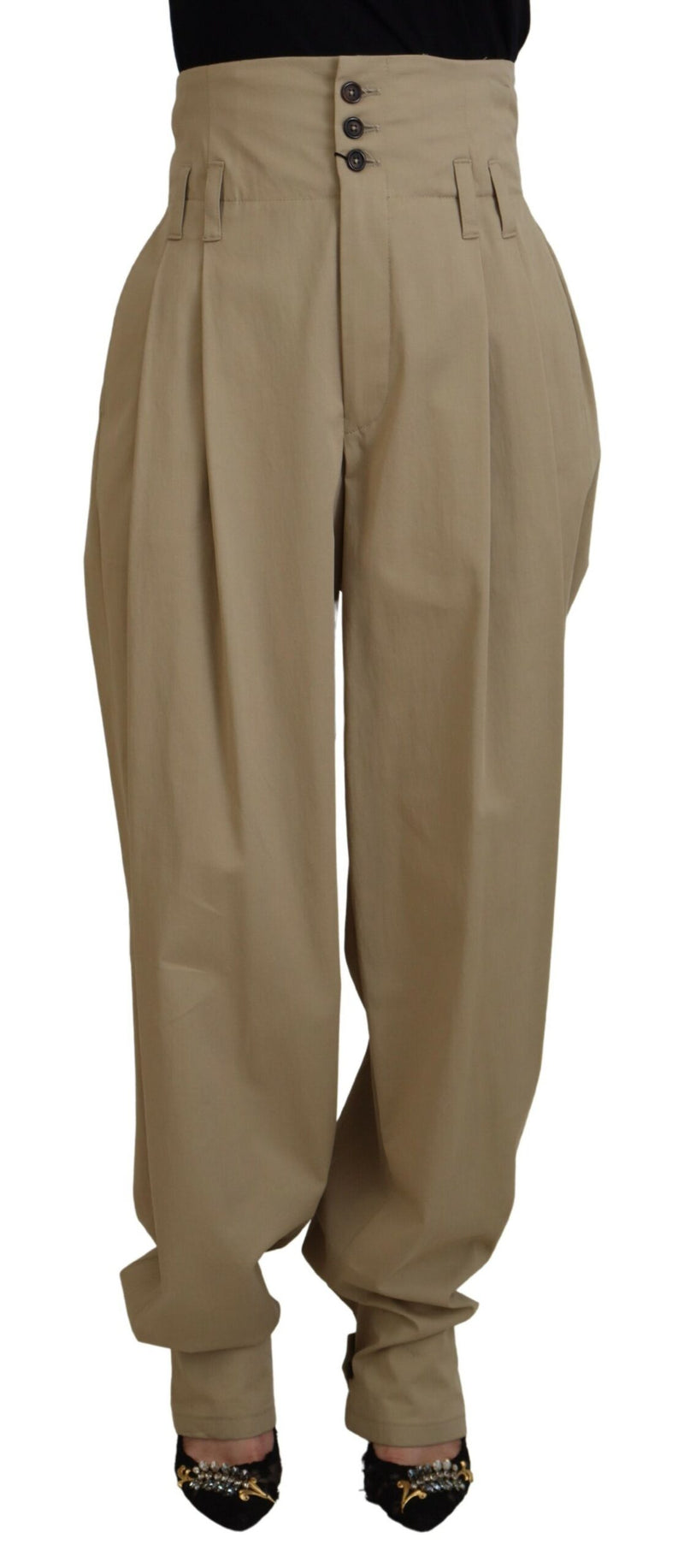 Brown Cotton High Waist Tapered Pants-Dolce & Gabbana-LabelTerrace.com