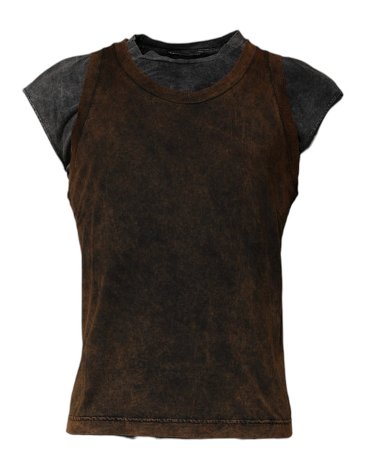 Brown Cotton Round Neck Sleeveless T-shirt-Dolce & Gabbana-LabelTerrace.com