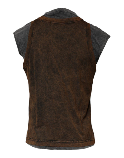 Brown Cotton Round Neck Sleeveless T-shirt-Dolce & Gabbana-LabelTerrace.com