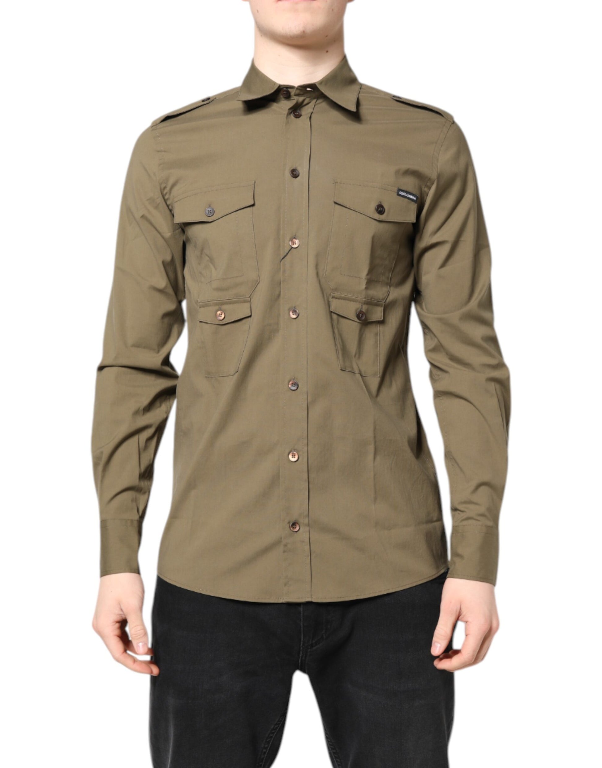 Brown Cotton Stretch Casual Long Sleeves Shirt-Dolce & Gabbana-LabelTerrace.com