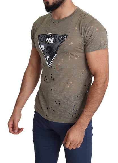 Brown Cotton Stretch Logo Print Men Casual Perforated T-shirt-Guess-LabelTerrace.com