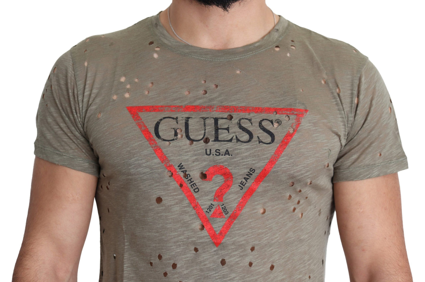 Brown Cotton Stretch Logo Print Men Casual Perforated T-shirt-Guess-LabelTerrace.com