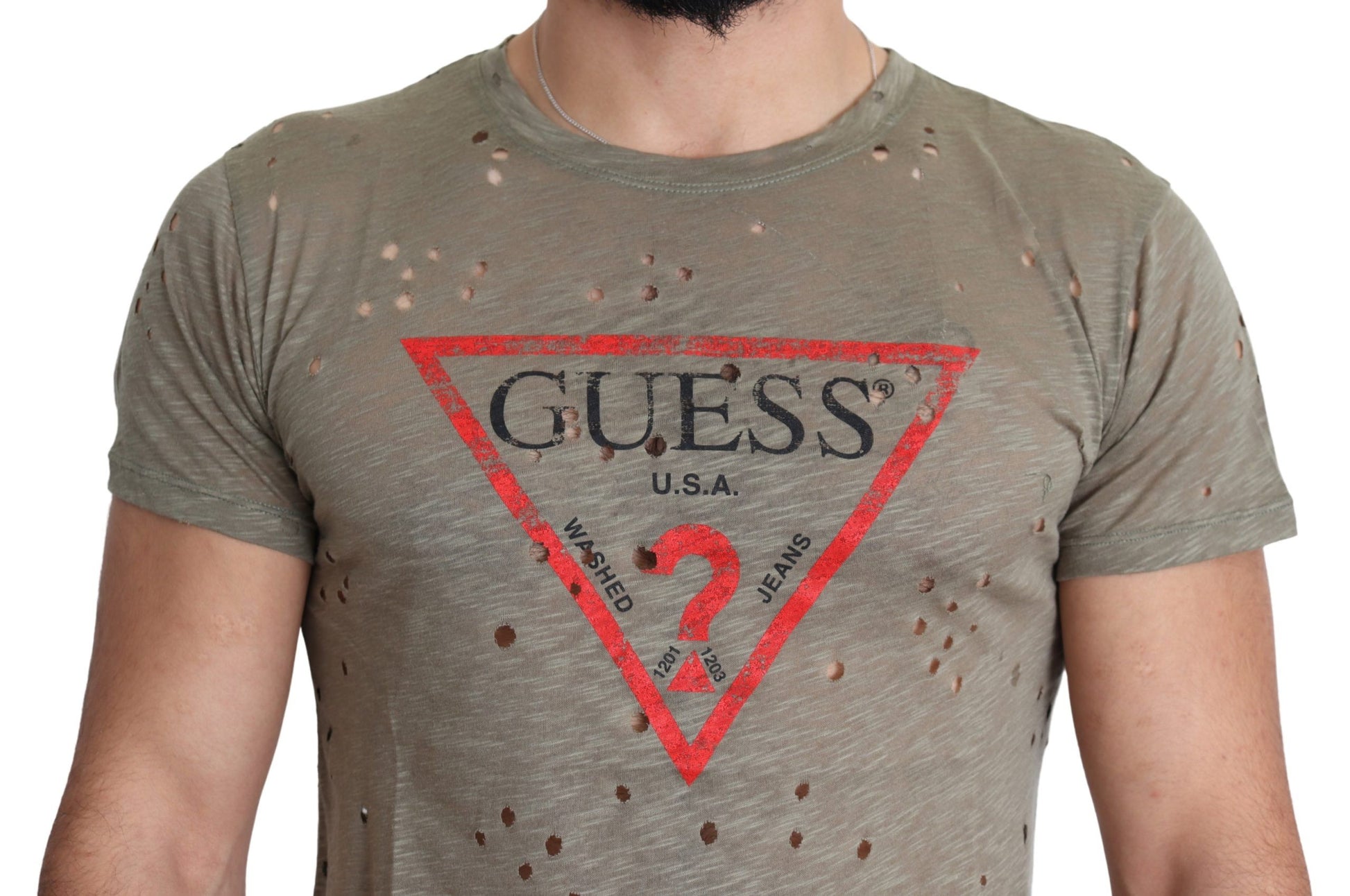 Brown Cotton Stretch Logo Print Men Casual Perforated T-shirt-Guess-LabelTerrace.com