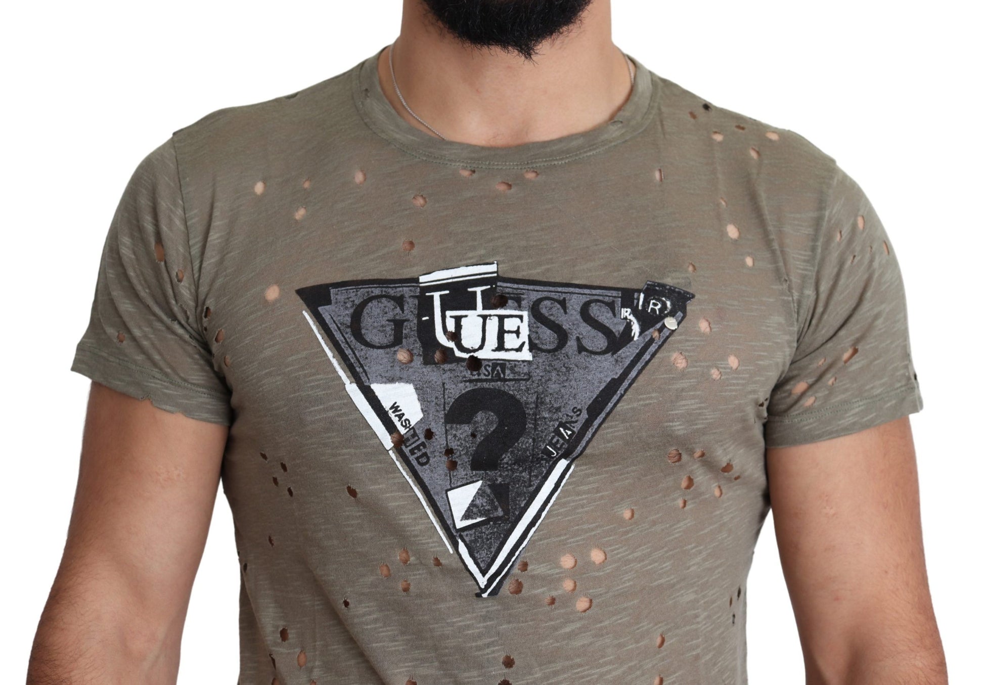 Brown Cotton Stretch Logo Print Men Casual Perforated T-shirt-Guess-LabelTerrace.com