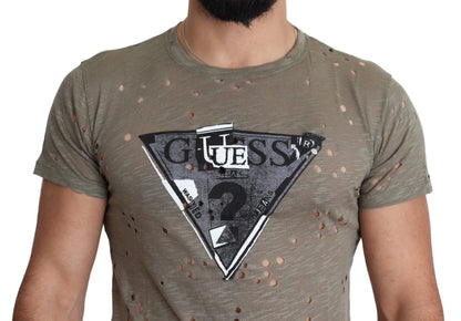 Brown Cotton Stretch Logo Print Men Casual Perforated T-shirt-Guess-LabelTerrace.com