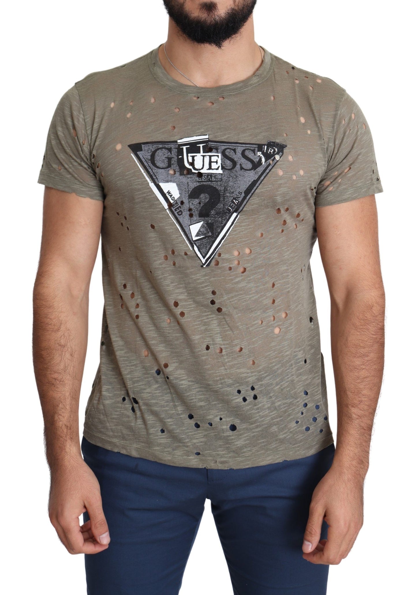 Brown Cotton Stretch Logo Print Men Casual Perforated T-shirt-Guess-LabelTerrace.com