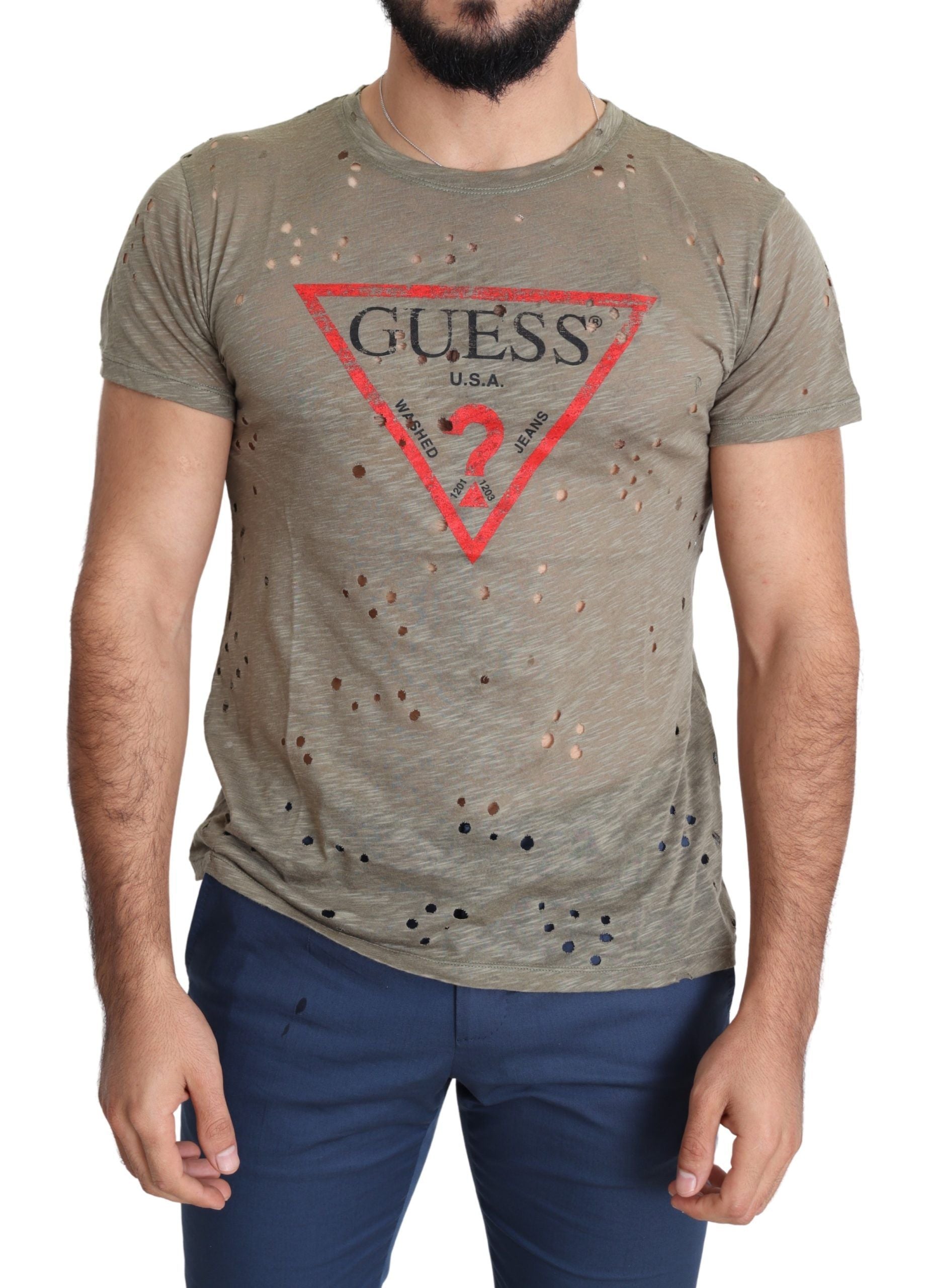Brown Cotton Stretch Logo Print Men Casual Perforated T-shirt-Guess-LabelTerrace.com