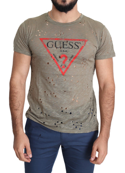 Brown Cotton Stretch Logo Print Men Casual Perforated T-shirt-Guess-LabelTerrace.com
