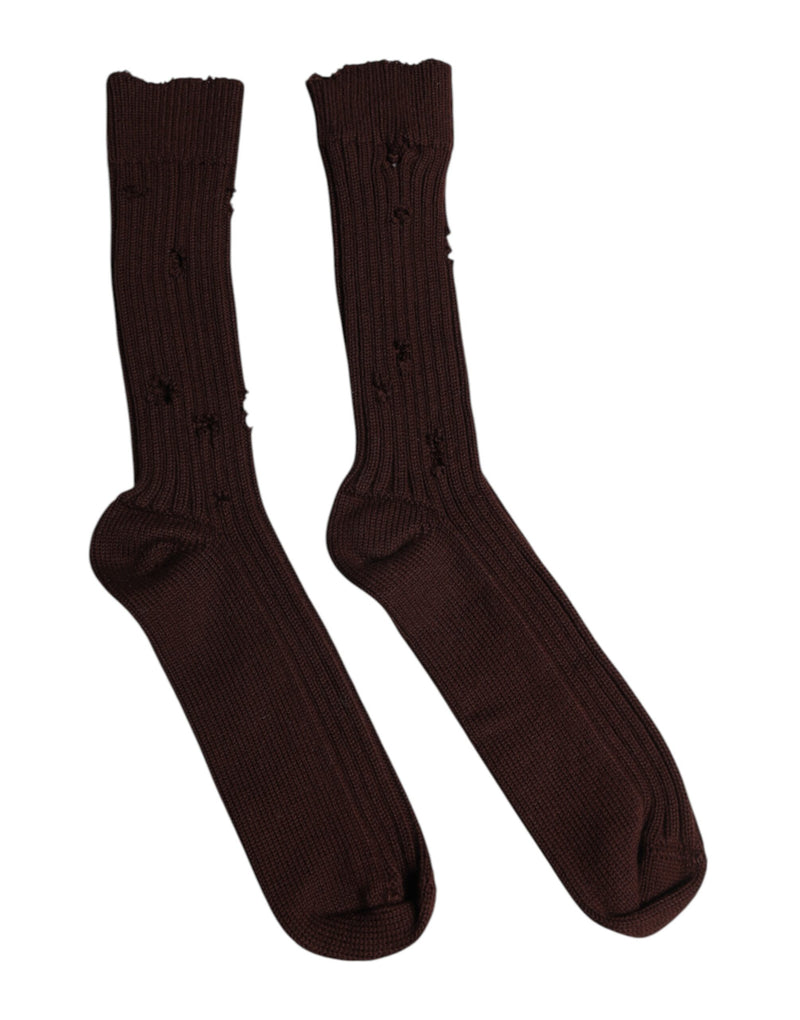 Brown Cotton Stretch Over The Calf Socks-Dolce & Gabbana-LabelTerrace.com