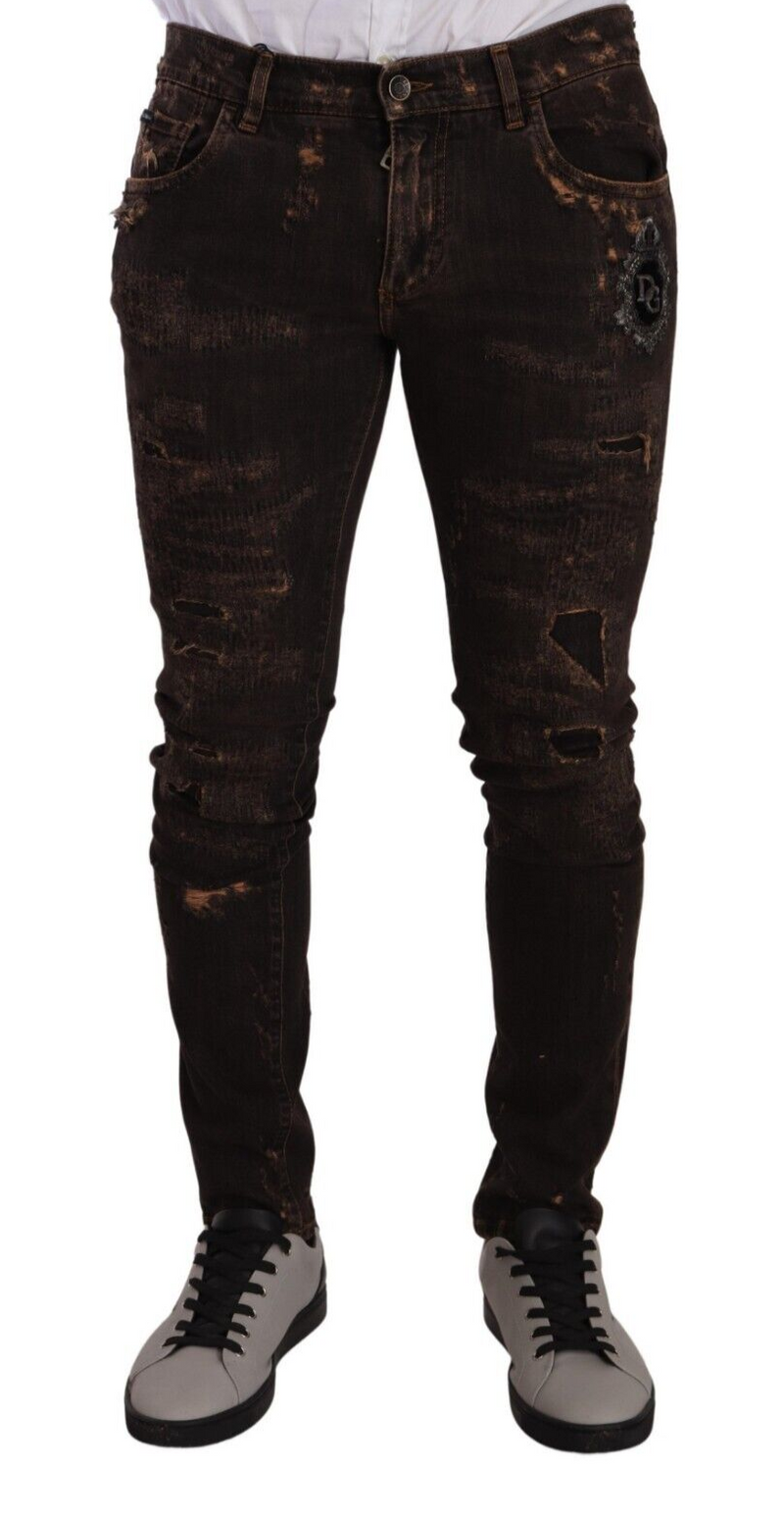 Brown Distressed Slim Fit Skinny Denim Jeans-Dolce & Gabbana-LabelTerrace.com
