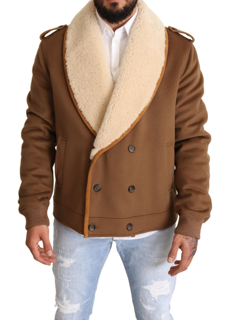 Brown Double Breasted Shearling Coat Jacket-Dolce & Gabbana-LabelTerrace.com