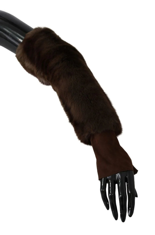 Brown Elbow Length Finger Less Fur Gloves-Dolce & Gabbana-LabelTerrace.com
